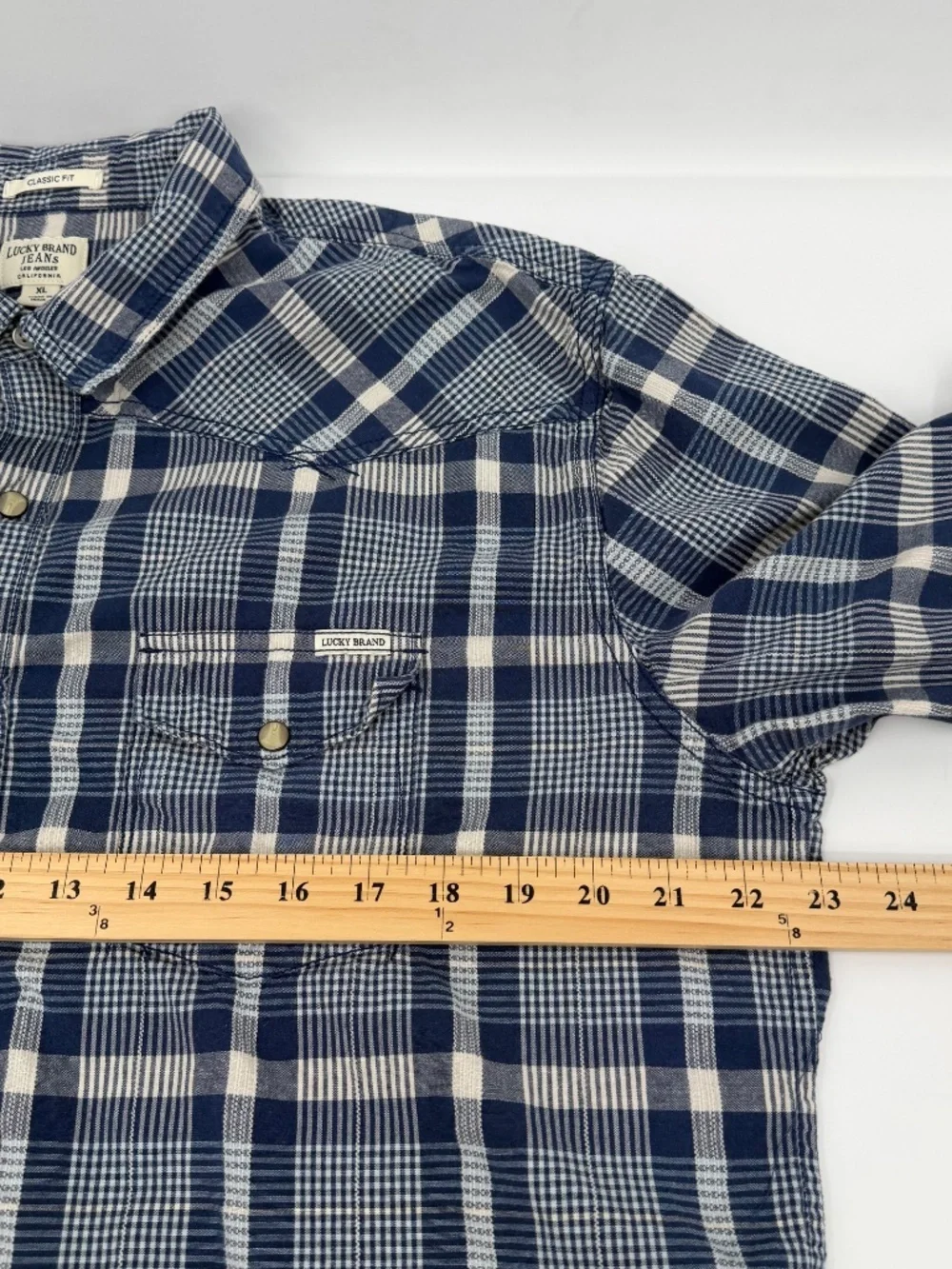 Lucky Brand Shirt Men XL Blue Pearl Snap Buttons Up Long Sleeve Western Plaid